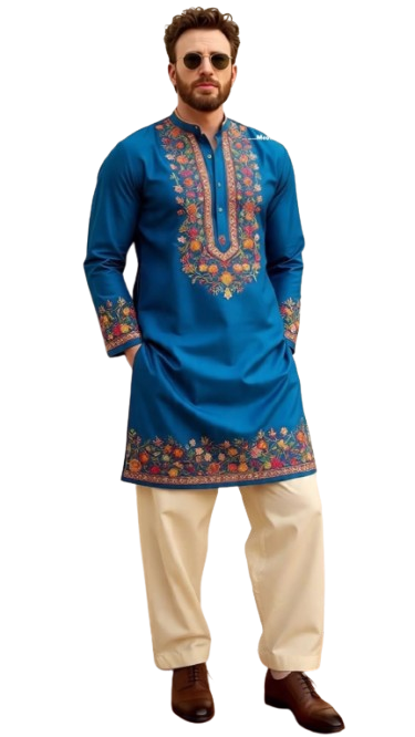 Man wearing blue embroidered kurta with white pants and sunglasses.